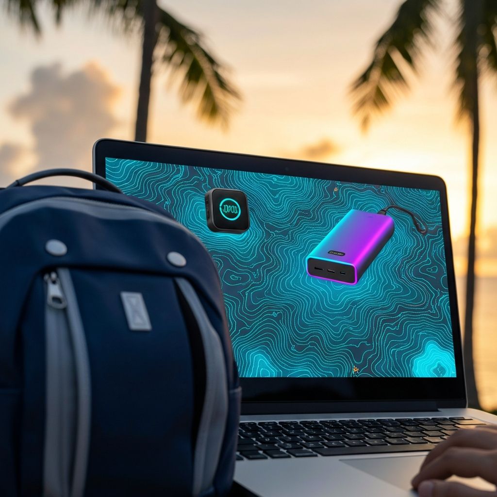 Digital nomad workspace with glowing tech gear